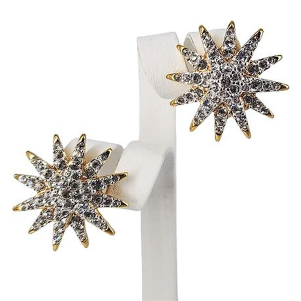 Vintage Swarovski Pave Crystal Starburst Clip On Earrings Gold Glam Swan Mark